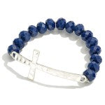 Navy Silver Cross Stretch Bracelet Featuring Faceted Beads