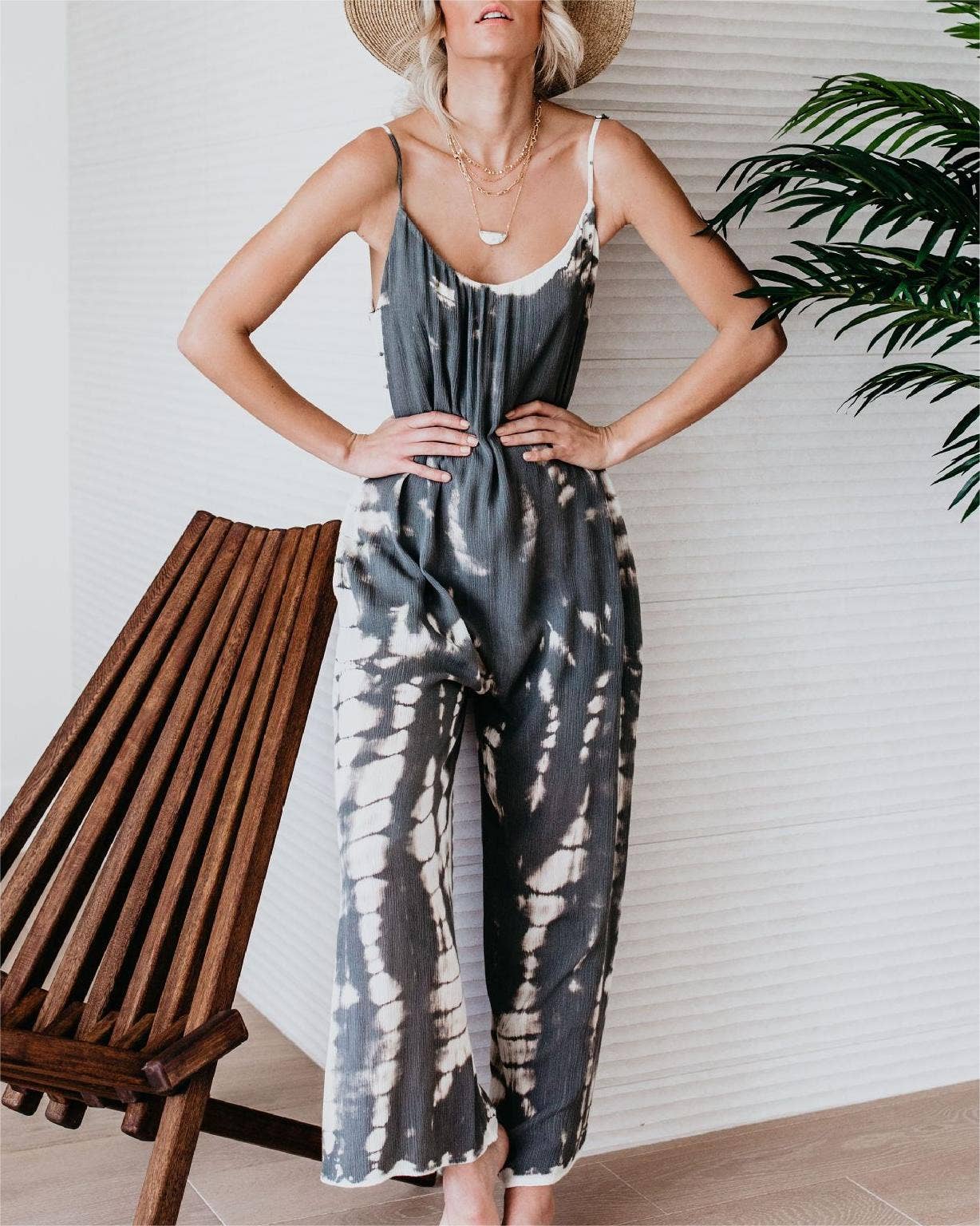 Leopard / S suspender wide-leg pants print bib jumpsuit: