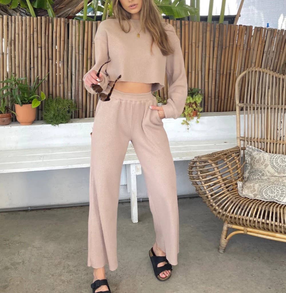 Tan / M Waffle long sleeve crop top wide leg pant 2 piece set: