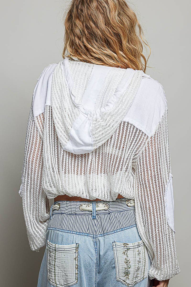 Open Knit Button Down Pocket Front Hooded Shirt Top