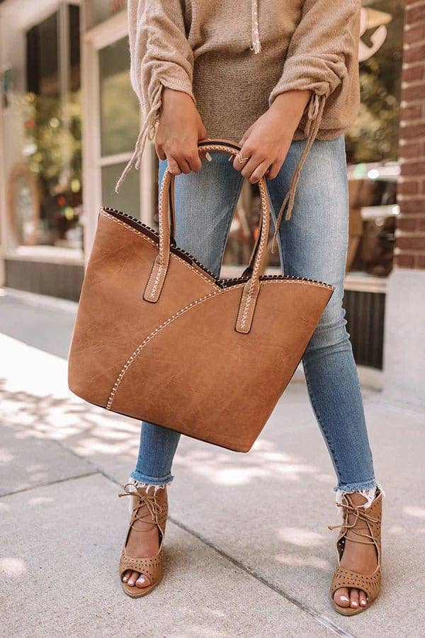 COL001-2 2-in-1 Stitch Trim Detail Shoulder/Tote Set Bag