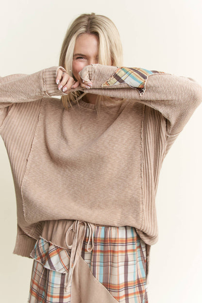 Mineral Wash Plaid Star patched elbow sweater top HT5999