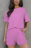 Pink Textured Knit Loose Fit Tee and Shorts Set | S-XL: Missy / S / Pink