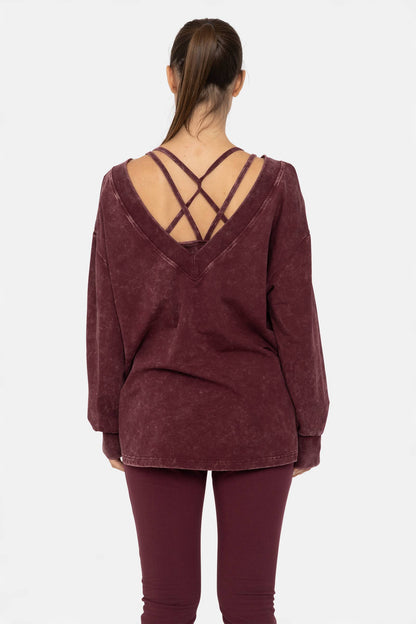 Mineral Wash Cotton Blend Deep V-Neck Long Sleeve
