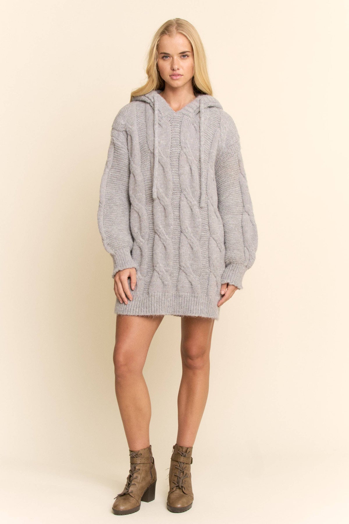 Oversized Cable Knit Hoodie Sweater Dress