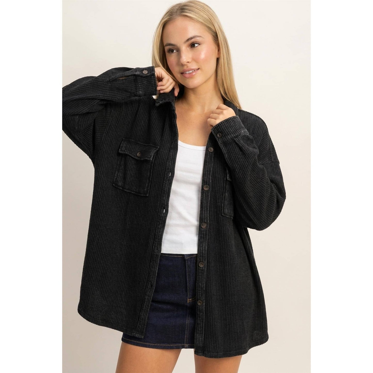 HYFVE Mineral Washed Waffle Knit Shacket DZ26E249