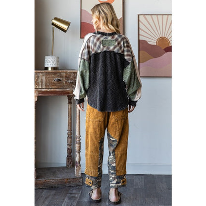 Washed Plaid Mixed Pullover Oversized Knit Top Oli & Hali