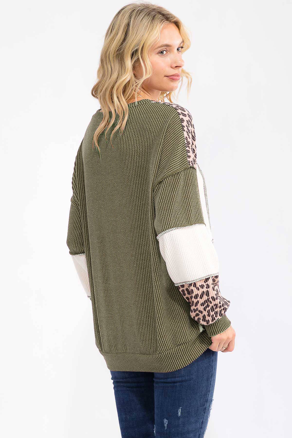 Leopard Patchwork Color Block Rib Knit Pullover Top T6089