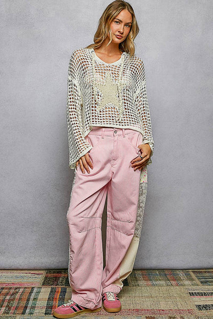 V-neck Acrylic Star Patch Pearl Stud Hoodie Thin Sweater Top