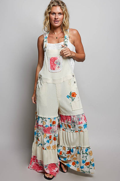 POL Printed Fabric Ruffle Wide Leg Overalls