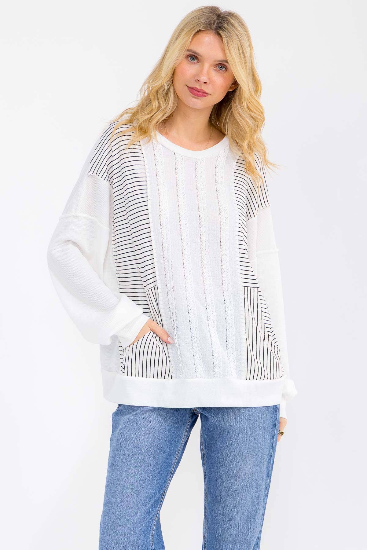 Textured Stripe Contrast Knit Top T6203
