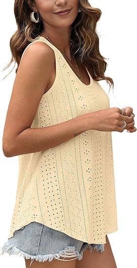 White / L Eyelet basic loose overfit cozy summer tank top: