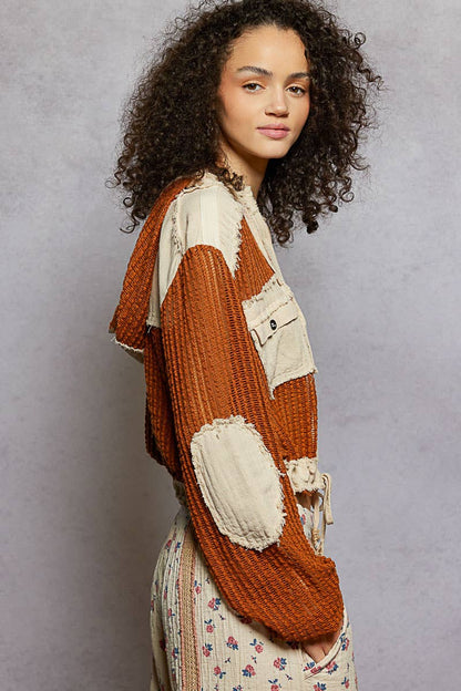 Open Knit Button Down Pocket Front Hooded Shirt Top