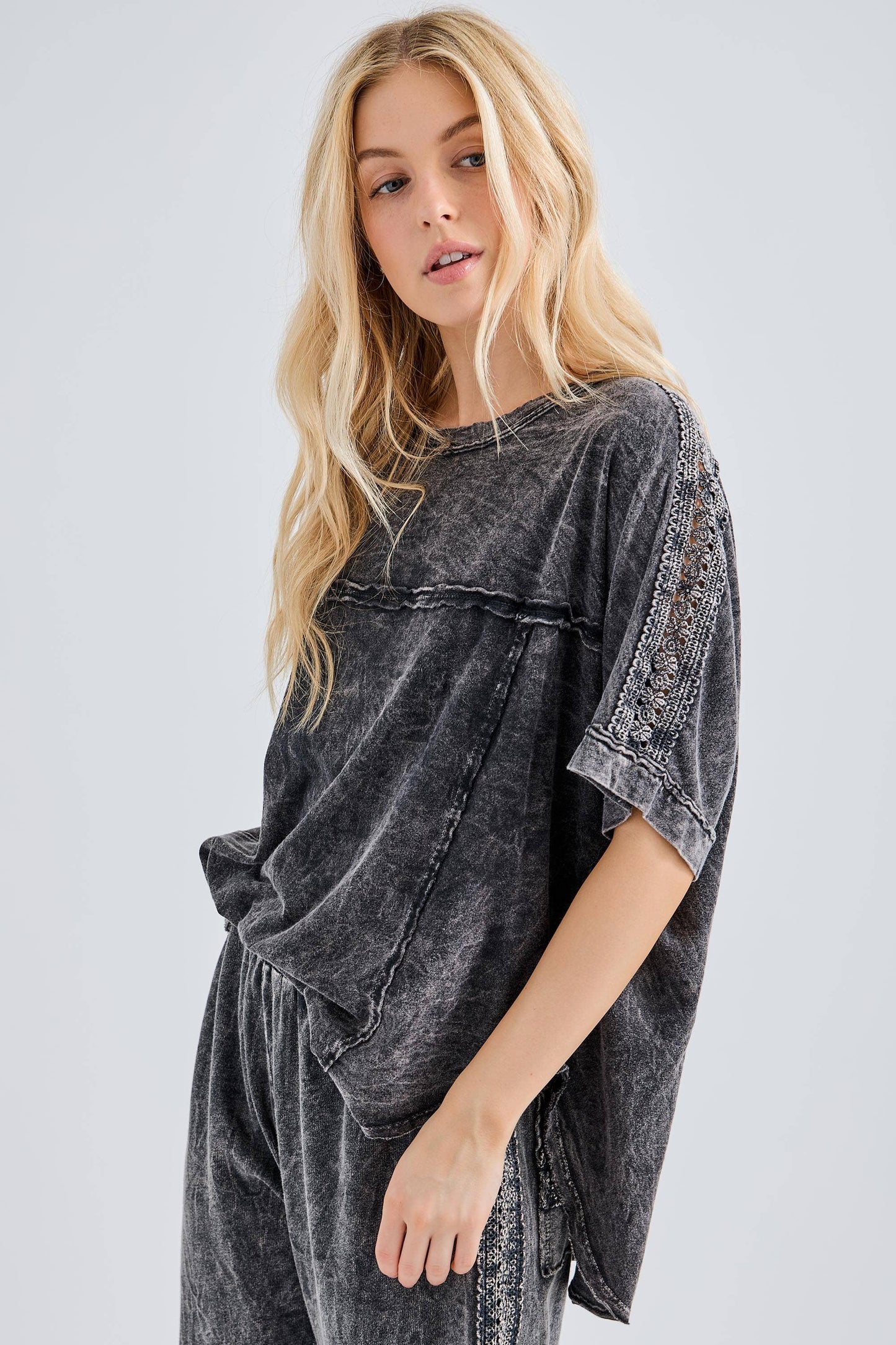 Mineral Washed Relaxed Fit Tee with Crochet Detail HT6312 Shirt
