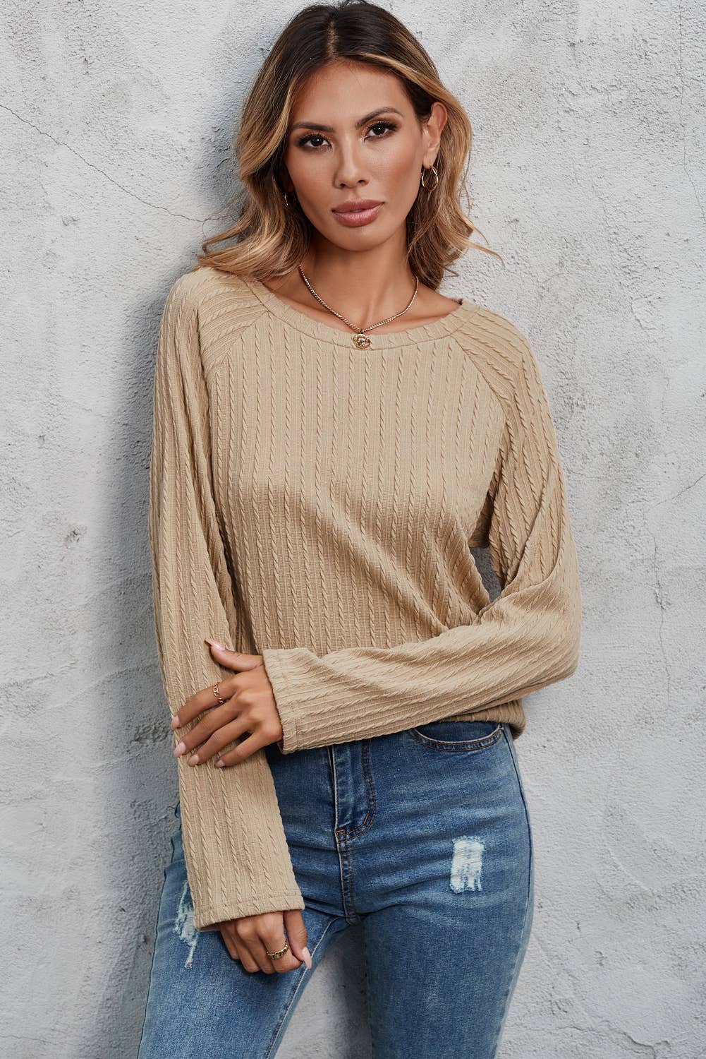 Ribbed Round Neck Knit Long Sleeve Top Shirt Little Daisy