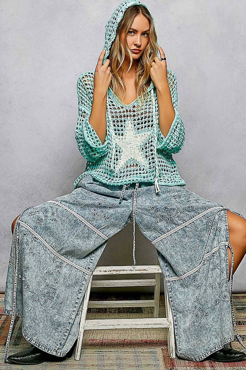 V-neck Acrylic Star Patch Pearl Stud Hoodie Thin Sweater Top