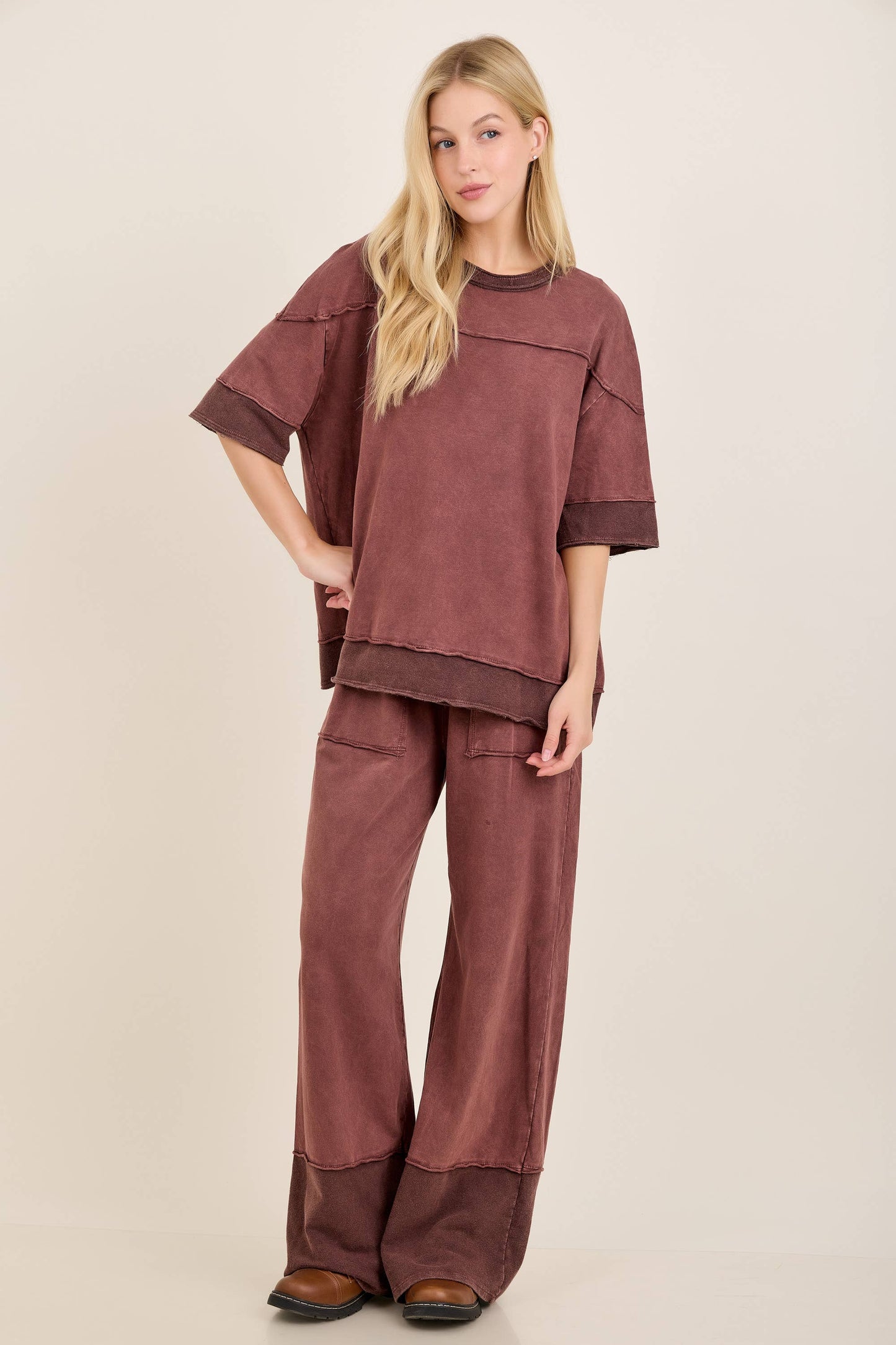 Mineral Washed Contrast Block Terry Top HT7540