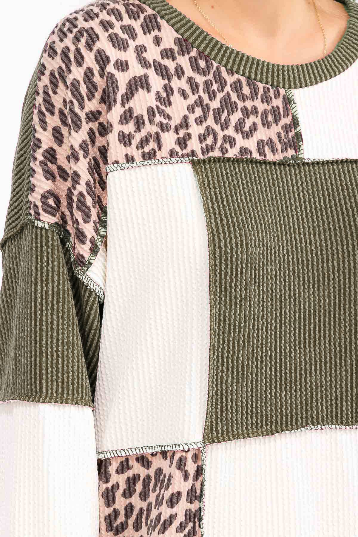 Leopard Patchwork Color Block Rib Knit Pullover Top T6089