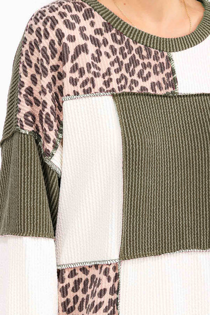Leopard Patchwork Color Block Rib Knit Pullover Top T6089
