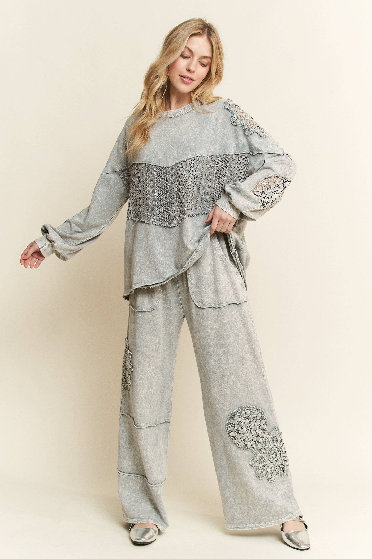 Mineral Washed Doily Wide leg straight pants HP6236