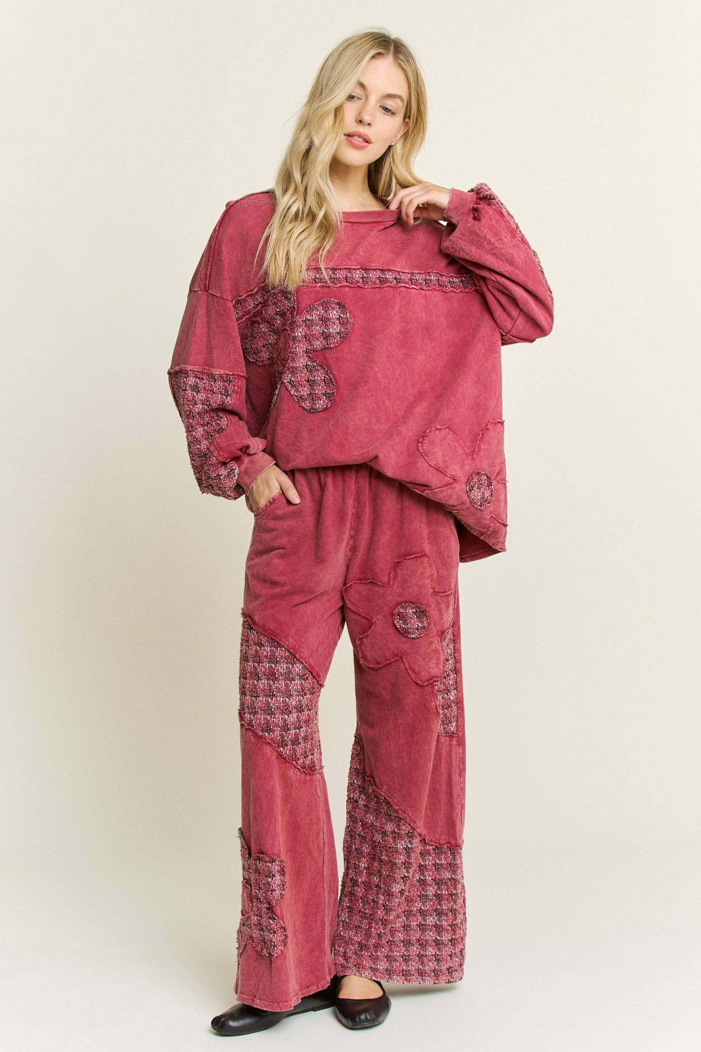 Mineral Washed Tweed Daisy patch Wide leg pants HP6751