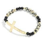 Dalmation Beaded Stretch Bracelet With Gold East West Cross