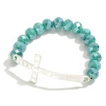 Teal Silver Cross Stretch Bracelet Featuring Faceted Beads