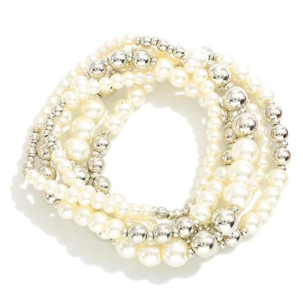 438370 Set of Five Metal Beaded Stretch Bracelet Featuring Pearlescent Accents