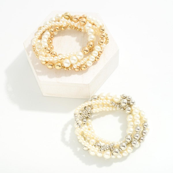 438370 Set of Five Metal Beaded Stretch Bracelet Featuring Pearlescent Accents