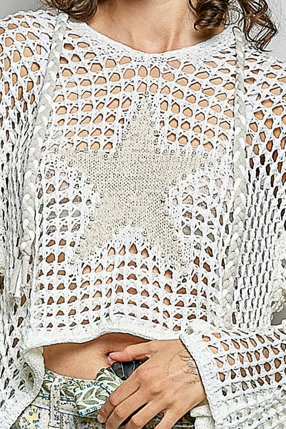 V-neck Acrylic Star Patch Pearl Stud Hoodie Thin Sweater Top