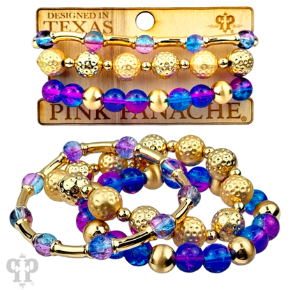 Ombre crackle and gold hammered bead stack bracelet