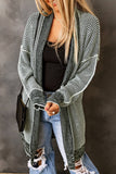 Gray Plaid Knitted Long Open Front Cardigan: Gray / S / 65%Acrylic+35%Polyester