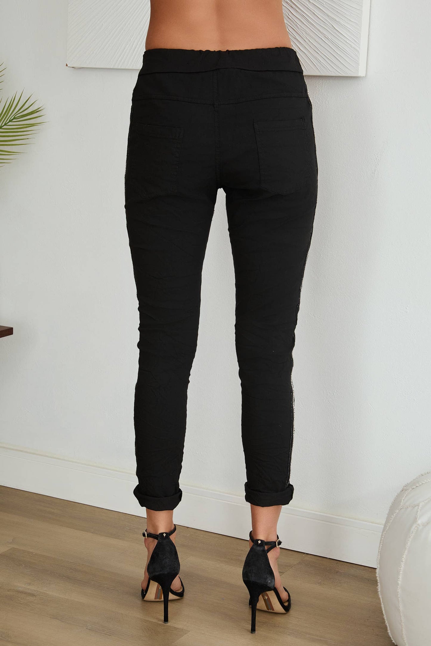 Rhinestone Side Stripe Italian Crinkle Jogger