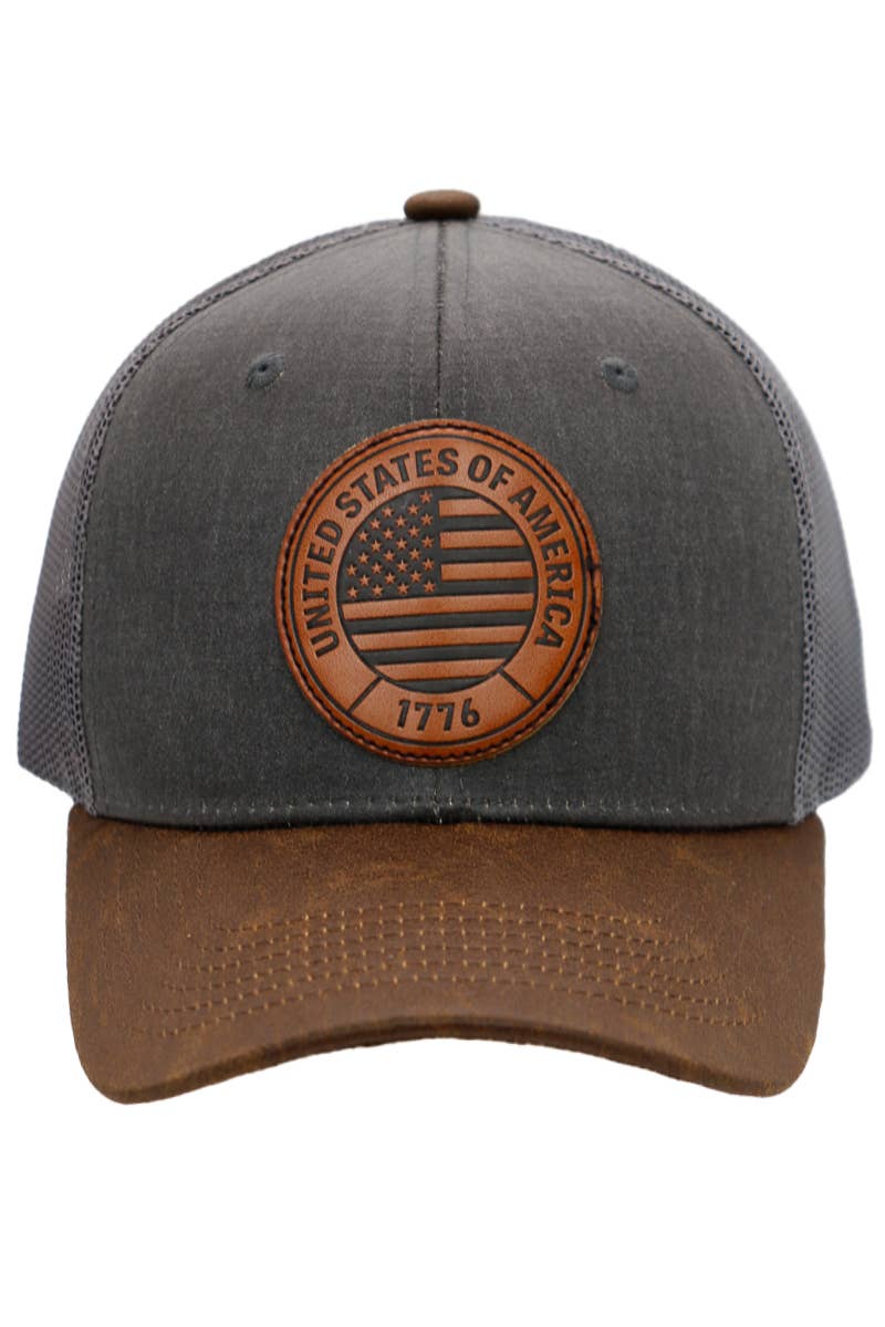 1776 USA Flag Patch Faux Oiled Leather Trucker Hat