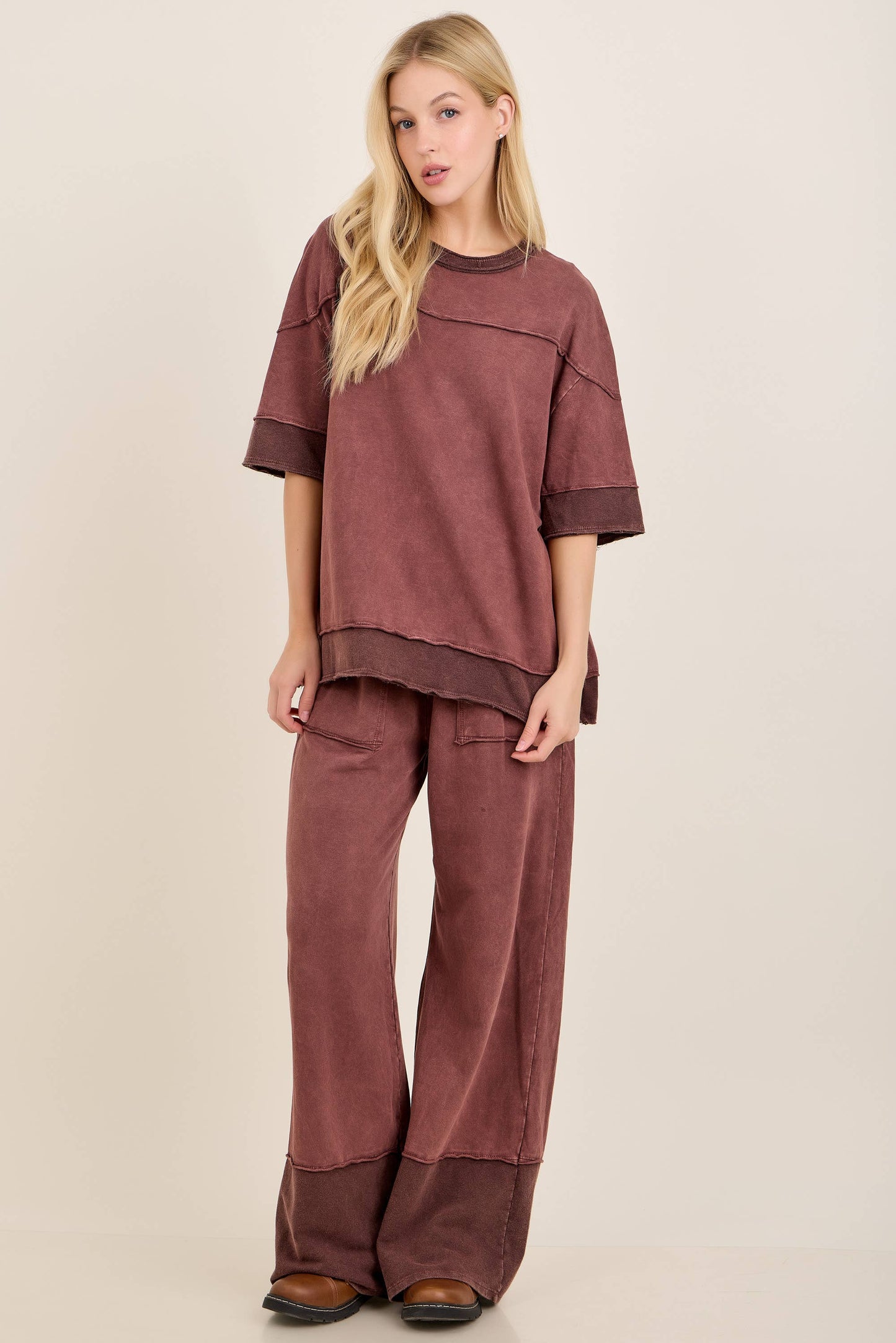 Mineral Washed Contrast Block Terry Pants HP7541