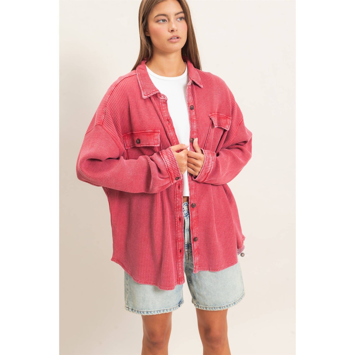 HYFVE Mineral Washed Waffle Knit Shacket DZ26E249