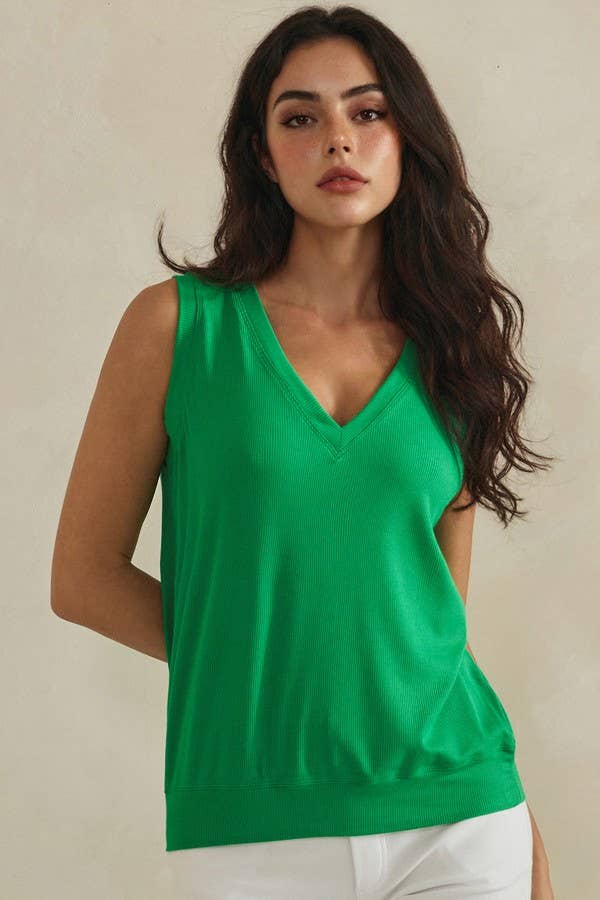 LuxeAir Ribbed Relaxed V-Neck Tank Top - XL