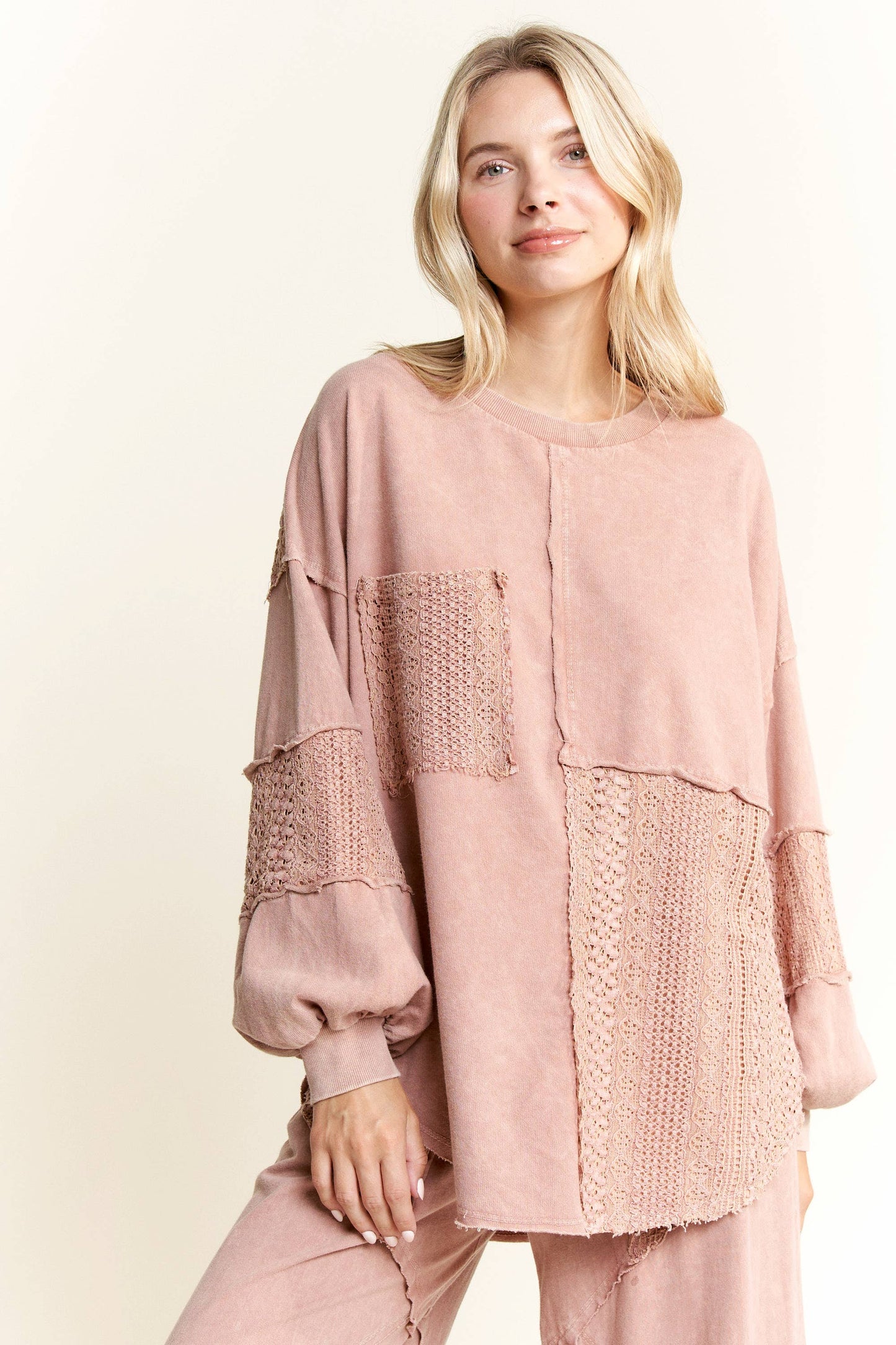 Mineral Wash Lace detailed Long Sleeve sweatshirt HT6027