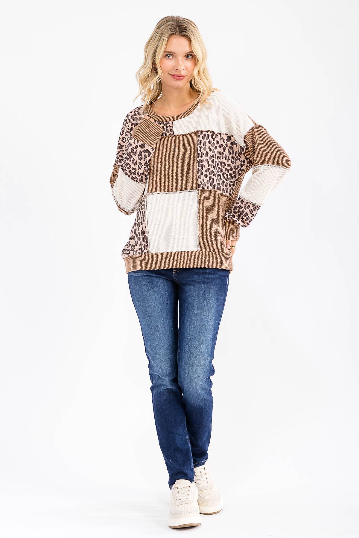 Leopard Patchwork Color Block Rib Knit Pullover Top T6089