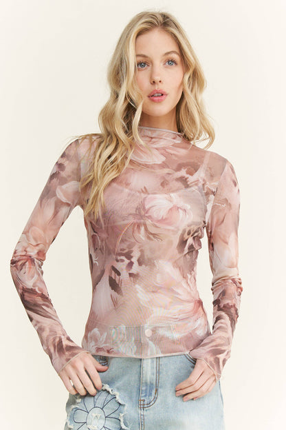 Flower Print Lace Mesh Long Sleeve Layering top HT6578