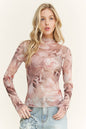 Flower Print Lace Mesh Long Sleeve Layering top HT6578