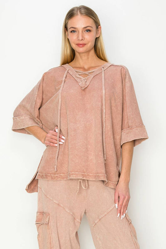 Mineral Wash CrissCross Hoodie Top HT5597
