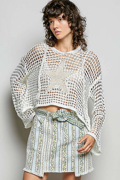 V-neck Acrylic Star Patch Pearl Stud Hoodie Thin Sweater Top