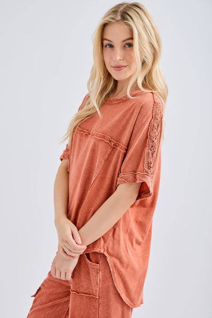 Mineral Washed Relaxed Fit Tee with Crochet Detail HT6312 Shirt