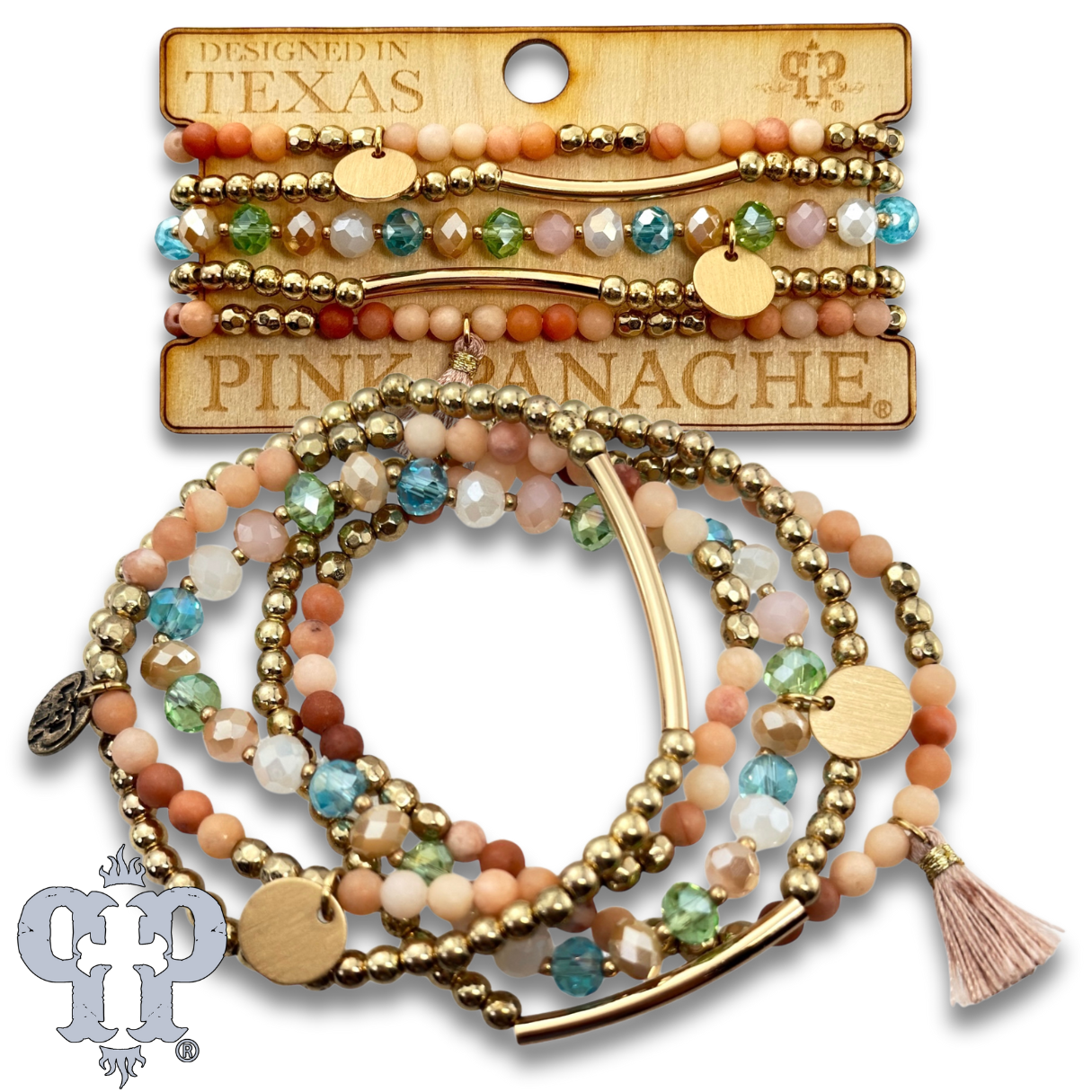 Colorful and gold bead charm bracelet stack
