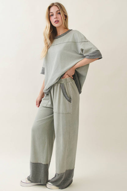 Mineral Washed Contrast Block Terry Pants HP7541
