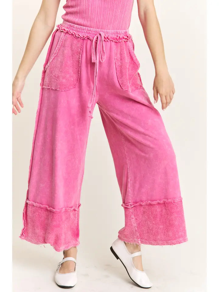 Mineral Wash Wide Pants with raw hem frayed details JHer