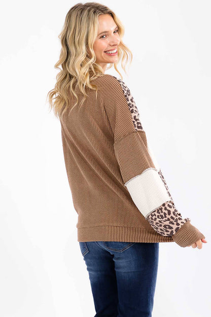 Leopard Patchwork Color Block Rib Knit Pullover Top T6089