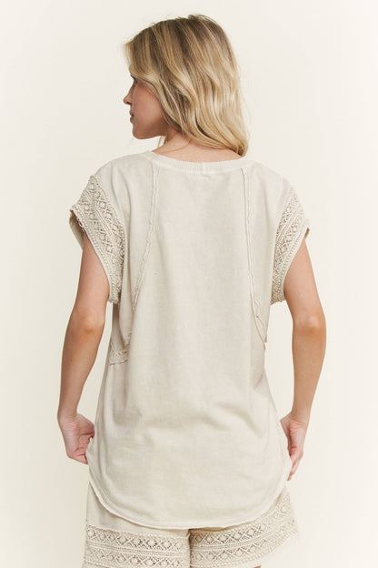 Mineral Wash Trim Cap sleeve Blouse HT5668 Shirt top