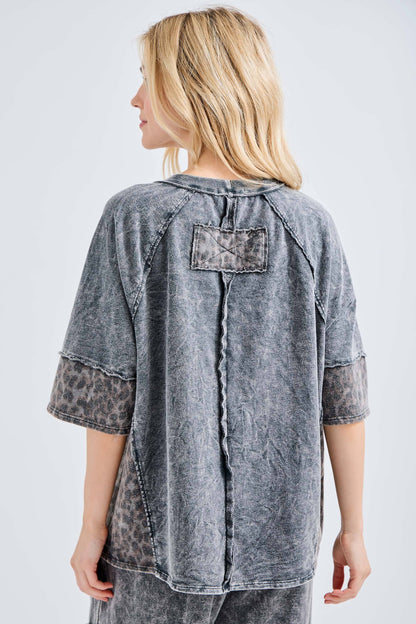 Mineral Washed Leopard Star Half sleeve top HT6628